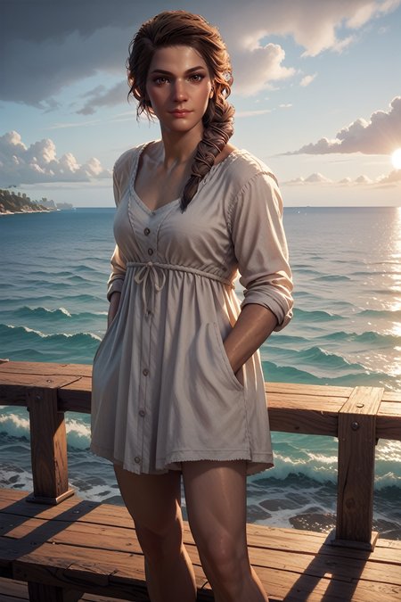 score_9, score_8_up, score_7_up, score_6_up
<lora:ACKassandra:1>
ACKassandra, 1girl, brown hair, brown eyes, braid, hair over shoulder, looking at viewer, standing on a pier, looking out at the ocean, hands in pockets, overcast sky with hints of sunlight breaking through, calm and introspective atmosphere