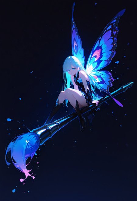 masterpiece, best quality, amazing quality, very aesthetic, absurdres, newest, volumetric lighting, holographic colors, cute, gradient colors, dark background, masterpiece, best quality, amazing quality, very aesthetic, absurdres, newest, volumetric lighting,1girl, 
BREAK
 ambient occlusion, raytracing, soft lighting, blum effect, masterpiece, absolutely eye-catching, particles, glow, shining, intricate cinematic background, (beautiful face),  
BREAK
masterpiece, highly detailed,1girl,beautiful eyes, big eyes, detailed eyes, detailed pupils, perfect body, dynamic pose, dynamic shot,
Leanan Sidhe, minigirl, butterfly wings, paint brush, paint splashes, sitting on giant hand, blue eyes, girl holding giant paint brush,
impasto, vignetting, chiaroscuro, masterpiece, best quality, very aesthetic, absurdres