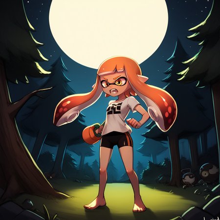 score_9, score_8_up, score_7_up, score_6_up, score_5_up, score_4_up,
luminekoStyle
inkling girl, splat shorts, splat shirt, splattershot (splatoon), 
Night, forest, moon, eyes in the dark, trees, scared, holding splattershot,