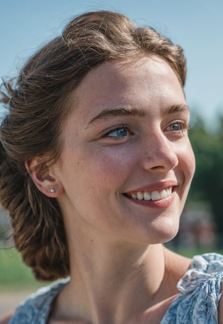 Low angle, Close up of a 25 years Hungarian girl's head and shoulders, tilted head towards, smiling, wearing Vintage Dress, the background is a clear pale blue sky, Sony a7iii, Tamron 35-150mm f/2-2.8 Di III VXD Lens, 85mm focal length, F/1.8, iso 100, Shallow depth of field, shadow casting, Light falloff  Low Contrast, Muted colors,  look, Washed out colors (color grading with Blueish Shadows and Yellowish highlights:1.3)