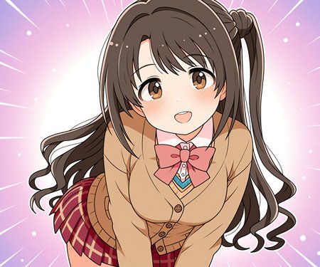 masterpiece, best quality, amazing quality, sfw, 1girl, solo,   white shirt, pleated skirt, cardigan, shimamura uzuki, looking at viewer,  <lora:Deremasu Gekijou style ILL-v2:1> deremasu_gekijou