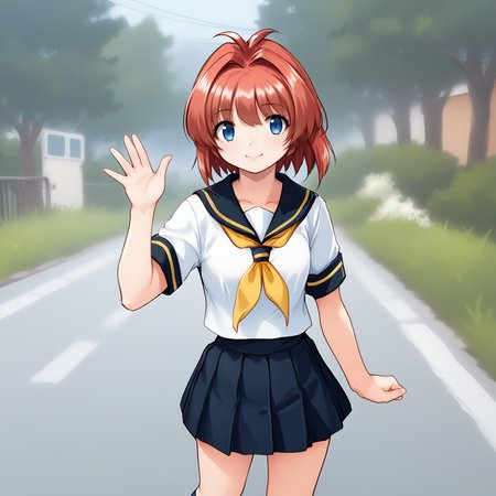 score_9, score_8, score_7, zPDXL3, cowboy shot, solo, 1girl, <lora:Miina_Miyafuji_PXL:1> miina_miyafuji, blue eyes, red hair, short hair, bangs, white shirt, collared shirt, sailor collar, yellow neckerchief, pleated skirt, kneehighs, standing, smile, waving, outdoors, street, daylight, traffic