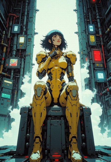 Cyberpunk, mechanical, skeleton, puppet,  Retro, comics, niji, gothic, erotic, anime, A 25th-century futuristic chamber with metallic walls, illuminated control panels, exposed cables, and industrial pipes. Smoke and steam fill the room, rising from floor vents, partially obscuring objects and creating a cinematic haze. A cybernetic woman sits on a rectangular metal seating platform with smooth edges and glowing lines. Her mechanical suit is made of metal and translucent plastic plates, designed with layered armor in dominant yellow, with accents of red, white, and black. Her short black hair is styled sharply, exposing glowing tattoos on her face, forming geometric patterns along her cheekbones and forehead. Her arms rest on her knees, fingers interlocked, her posture tense in deep thought. The floor reflects diffused light from above, fragmented by the moving steam. Behind her, the chamber walls are detailed with panels, screens, and industrial textures. The rising smoke wraps around her figure, partially hiding parts of her body, while neon lights reflect softly on her metallic suit, emphasizing the futuristic environment.