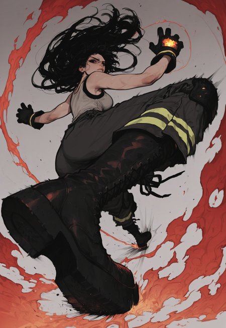 score_9, score_8_up, score_7_up, masterpiece, best quality, very aesthetic, 1girl, incoth, (incase:0.6), detailed face, (dynamic:1), r17329_illu, speed lines, perspective, towards viewer, tank top, wide pants, protective gloves, firefighter uniform, tough, black hair, long hair, black eyes, boots, kick, swirling, fire trail, martial arts, badass, 