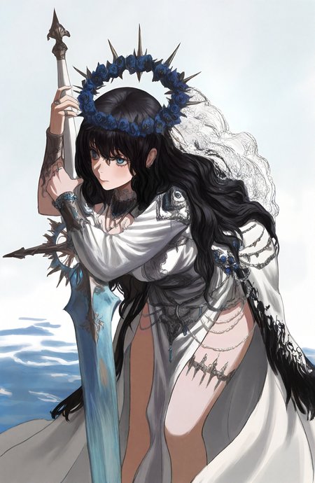 1girl, solo, long_hair, blue_eyes, black_hair, dress, holding, jewelry, weapon, sword, white_dress, holding_weapon, water, holding_sword, ring, head_wreath