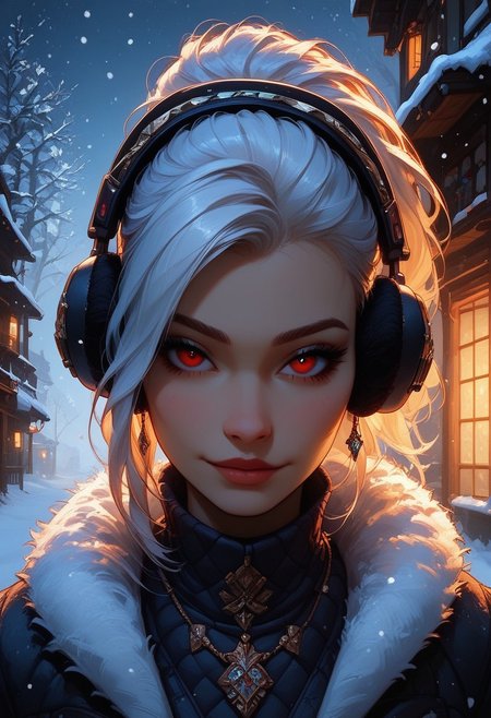 score_9, score_8_up, score_7_up, score_6_up, 1girl, breasts, necklace, sexy face, ponytail hairstyle, winter coat, earmuffs, gloves, winter boots, white hair, long hair, red eyes, shy, beautiful lights, flirtatious, looking at viewer, seductive, Outside, snowing, snowflakes falling, 
View from the front, face focus, closeup, close up,