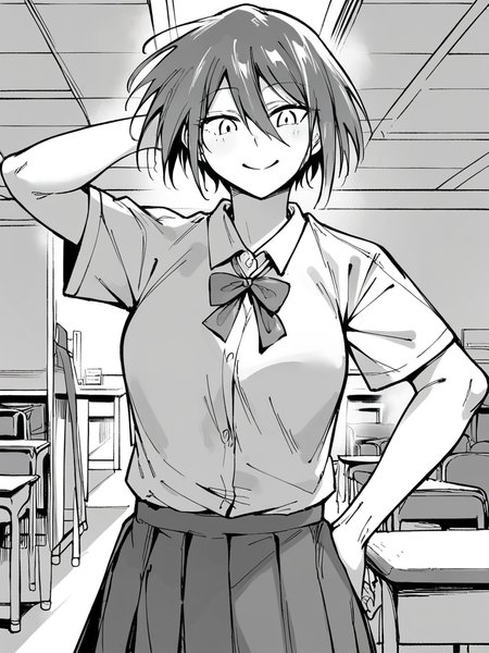 score_9, score_8_up, score_7_up,  
1girl, monochrome, saionji shion, grey hair, short hair, medium breasts, white eyes, 
hair between eyes,
smile, looking at viewer, hand on hip, arm behind head, closed mouth, classroom, solo, school uniform, white shirt, short sleeves, neck ribbon, pleated skirt,



