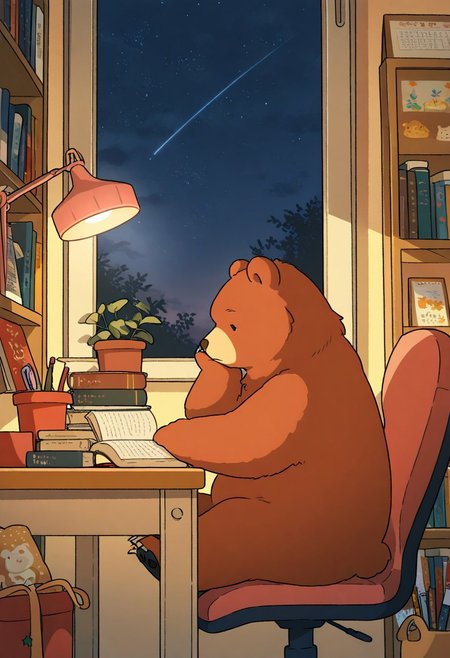 (masterpiece, best quality, high quality, highres), absurdres,
(chii-kun \(seedyoulater\):0.6), (naguru \(cyoroama\):0.6),
(bear:1.3), solo, cute, no humans, 
zzLofi, sitting, side view, desk, chair, book, bookshelf, lamp, night, open book, sky, star (sky), starry sky, window, windowsill, 
cozy,