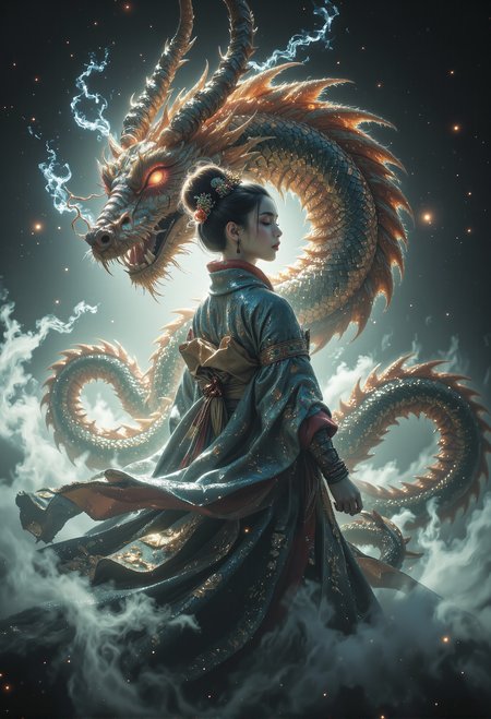 A depiction of a geisha with flowing, delicate robes that ripple gracefully in the wind, (disintegrating and dissolving into fog and smoke:1.7), (blending form with reality:1.7). A majestic Chinese dragon coils behind her, emerging partially from the shadows with an air of mystery and power. Framed in thick volumetric fog, the scene is bathed in diffused light that enhances the ethereal and dreamlike quality. Delicate, whispering tendrils of drifting fog interweave with cracked light and scattering smoke, creating an eye-catching masterpiece artwork that feels both surreal and hauntingly beautiful. <lora:aidmaImageUpgrader-FLUX-V0.2.safetensors:0.66>,  <lora:FluxDFaeTasticDetails.safetensors:0.2>, <lora:midjourney_whisper_flux_lora_v01.safetensors:0.5>,  <lora:Midjourney_-_SemiReal_Dreams_FLUX_LoRA.safetensors:0.5>,  <lora:black_fantasy.safetensors:0.5>,   <lora:MoriiMee_Gothic_Niji_Style_FLUX.safetensors:0.5>,  <lora:sss-snek-000001.safetensors:0.5>,
