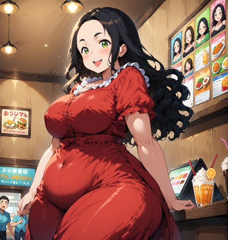 score_9, score_8_up, score_7_up, score_6_up, source_anime, ah1, 1girl, (curly hair), long hair, (black hair), mature female, (parted hair:1.7), (round face), (no_bangs:1.3), (no_fringe:1.6), looking at viewer, (thick eyebrows:1.3), (curvy), round-chin, (greenish hazel eyes), caucasian, (downturned eyes), (forehead:1.4), <lora:ETO_OCPonyXL:0.5> eto_oc, skindentation, plump, thick thighs, wide hips, busty, voluptuous, kinky curls, lips, bad-hands-5, (standing_split), (burnt sienna Wide-leg trousers and ruffled blouse), (in Karaoke, Lobby Area, bright and inviting decor, reception desk with friendly staff, a menu board showcasing drinks and snacks, posters of popular artists, a display of songbooks), ((Face with a cheeky tongue expression)), <lora:venus body PonyXL:0.8>, <lora:xl_more_art-full_v1:0.4>, <lora:shinyskin2:0.3> glistening skin, <lora:aesthetic_anime_v1s:0.4>, <lora:Expressive_H:0.4> Expressiveh, <lora:hairdetailpxl:0.4> hairdetailpxl, <lora:EpicF4nta5yXL:0.4>, <lora:detailxl:0.4> detailxl, <lora:Fant5yP0ny:0.4>, best quality, amazing quality, best aesthetic, absurdres, <lora:expressive eyes:0.4> expressive eyes, (low-angle shot), <lora:eyedetailpxl:0.4> eyedetailpxl,