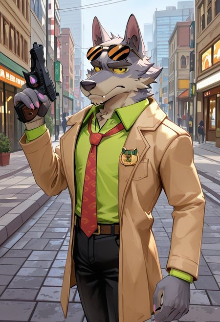 masterpiece, best quality, amazing quality, very aesthetic, absurdres, newest,  high quality, detailed, male, solo male, DaleDonovan, 1boy, mature male, male, anthro, wolf, broad shoulders, scruffy, gray fur, light tan underbelly, black eyes, yellow sclera, thick eyebrows, animal ears, green collared shirt, red tie, tan jacket, detective, sunglasses on forehead, black pants, half body, outdoors, looking at viewer, on the street, city, on sidewalk, gun in hand, focused, stern face