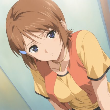masterpiece,1girl,solo,looking at viewer,<lora:Kiyone_Ootani ag4o v1:1> kiyone_ootani, brown hair, short hair, hairclip, blue eyes,