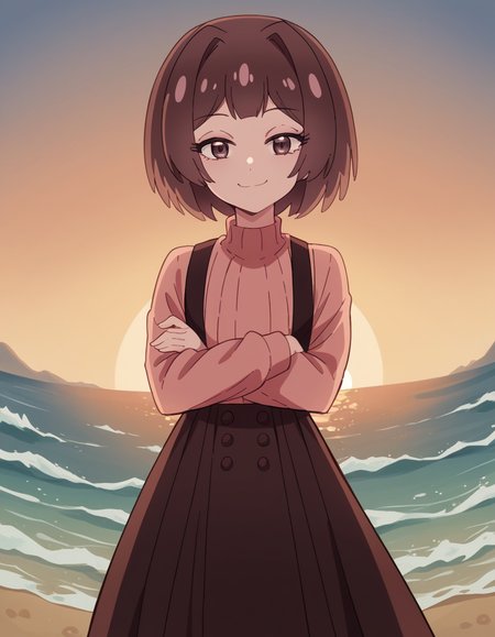 score_9, score_8_up, score_7_up, source_anime, <lora:sakura-sonoue-s1-ponyxl-lora-nochekaiser:1>, sakura sonoue, short hair, bangs, brown hair, brown eyes, hair intakes, bob cut,, skirt, long sleeves, sweater, suspenders, high-waist skirt, brown skirt, suspender skirt, pink sweater, beach, sunset, walking along shore, footprints in sand, waves, peaceful, smile, looking at viewer, crossed arms, smile, smug, solo,, cowboy shot, dutch angle