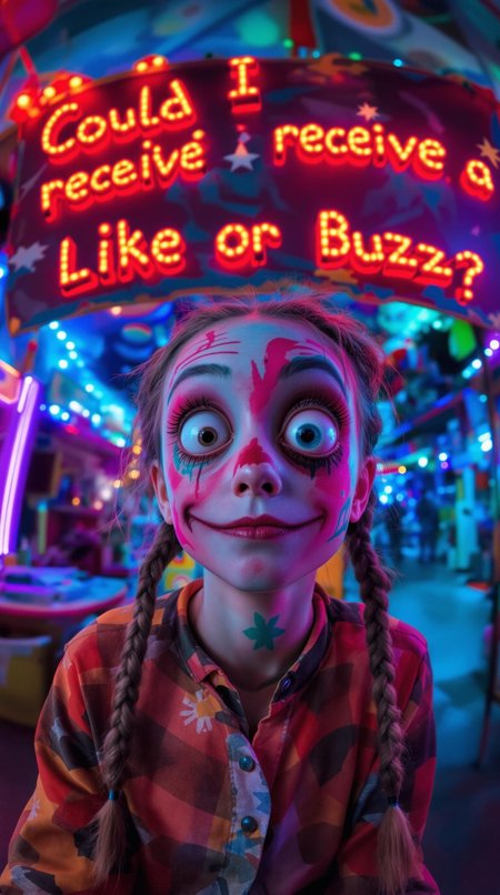 “A whimsical and surreal portrait of a girl with a distorted, comical face, featuring one eye larger than the other, vibrant face paint, and two playful braids. Captured using a 12mm fisheye cinematic prime lens for an exaggerated perspective. The setting is a lively carnival with colorful lights, whimsical decorations, and a dreamy atmosphere. A rotten, old light banner in the background displays the text: ‘Could I receive a Like or Buzz?’ in flickering, uneven letters. The colors and contrasts are enhanced for a surreal effect, inspired by a mix of playful and artistic styles, blending humor and visual artistry.”