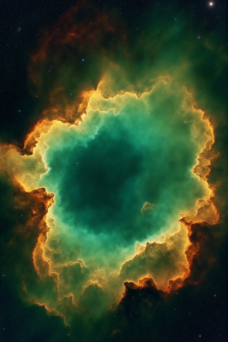 <lora:Vibrant_Nebula_2:0.8> VibrantNebula style.
A cavernous nebular hollow opens in the heart of space, surrounded by vast curtains of molten emerald and sunlit bronze gas that billow and fold like a thunderstorm in zero gravity. Along the shadowed inner rim, pale threads of ionized helium arc in spectral rings, their delicate glow hinting at internal gravitational turbulence. Interwoven textures of dust, light, and ion flow reveal painterly details sculpted by solar wind pressure and shockwave compression. Captured from a recessed, internal vantage point looking outward through the cavityâs warped rim, the scene invites immersionâdrawing the viewer into a suspended cathedral of color, gas, and silence.