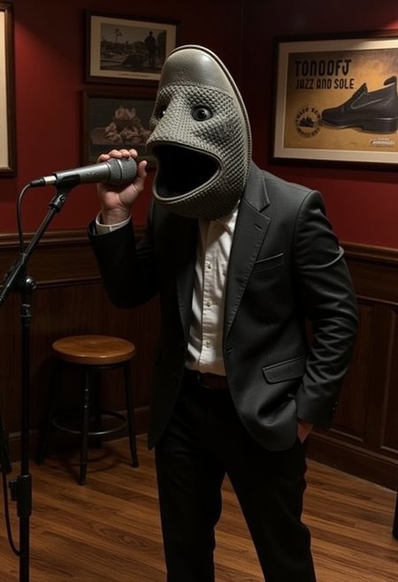 sh03f4c3, a jazz singer with shoe face, they stand on the stage in a jazzy pose, singing into the radio microphone with the wide open mouth, the background is a jazz club, there is a poster on the wall featuring a shoe and the words: "Tonight: Jazz and Sole"