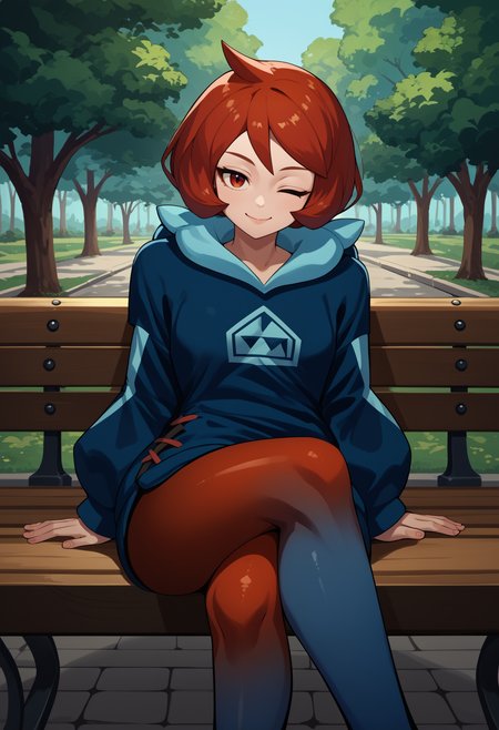 score_9, score_8_up, score_7_up, source_anime, solo, 1girl, ar3zu, smile, looking at viewer, sitting, park bench, crossed legs, cowlick, one eye closed, blue hoodie, hood down, long sleeves, gradient legwear, two-tone legwear, red pantyhose, outdoors
<segment:yolo-face_yolov8m.pt,0.4,0.5//cid=1>