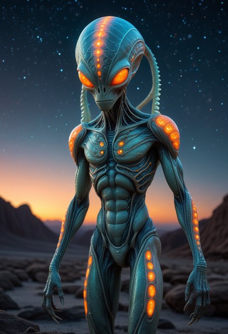 (medium full shot) of (celestial alien) with radiant white veined skin, bioluminescent patterns, serpentine body , short stubby antennae, slitted orange eyes, segmented antennae, tentacles, hovering crystals, set in  a mystical alien planet, with shimmering landscapes, bioluminescent features, an enchanting aura, at twilight, Masterpiece,best quality, photo, realistic, very aesthetic, detailed face,