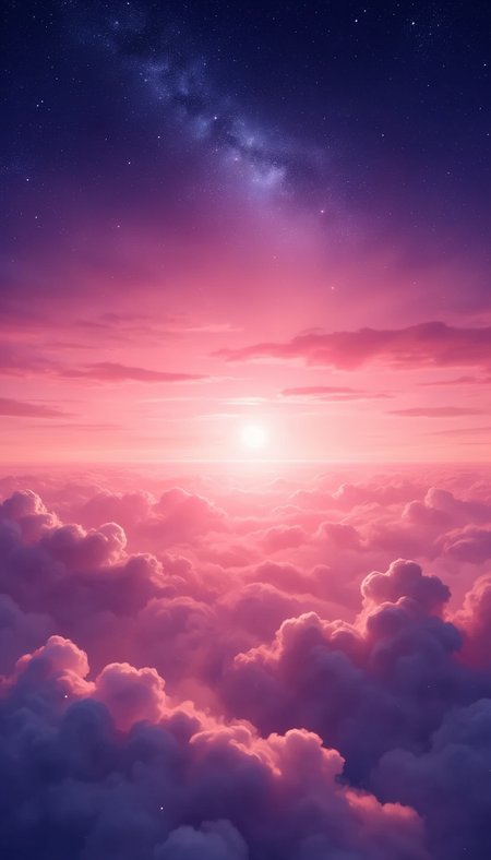 The sky is full of stars, the sun has just rises over the horizon and casts long shadows on clouds in anime style. There's an ethereal light that shines from above, creating beautiful curves between distant planets. The background color blends pink purple red orange tones, adding romantic atmosphere to the picture. This scene creates a dreamy feeling as if one can feel its beauty.