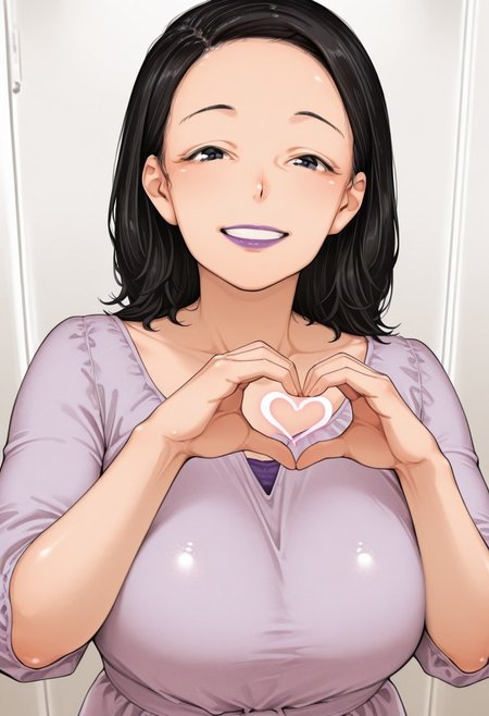 kakyubushi, 1girl, solo, medium build, medium hair, sfw, safe for work, covered skin, flowy dress,  black eyes, purple lipgloss, smiling, portrait, upper body, heart hands, mature female, foreshortening, detailed, newest, shiny skin, cowboy angle, solo focus,