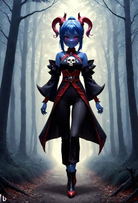 dark brown pants, highres,best quality,ponytail, full body,short height,happy,(purple eyes),photograph,realistic lighting,cute face,1girl,red tips on hair,red skin, fantasy world,in the forest, warlock,demon horns,skull logo, DonMD3m0nXL,blue skin:1.4, yellow eyes, anime style,blue flame,flames around hands,fantasy adventure outfit,fighting stance,devil tail:1.3,fantasy pants