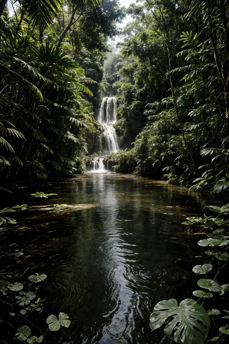 photo , photography, Fujifilm XT3 Viltrox, ((very detailed)), sharp focus,  best quality, (bright sunny sky), beautiful landscape, rainforest, jungle, stream, water ripples reflections, (small river pond), hut, stunning nature environment, high contrast, cinematic (lights), backlight, shadows, (lens flare:0.8), vibrant colors, colorful, Cocoa Brown flowers and leaves, <lora:Detail Tweaker LoRA add_detail:1><lora:depth_of_field_slider_v1:5>  <lora:SDXLrender_v2.0:0.9>
