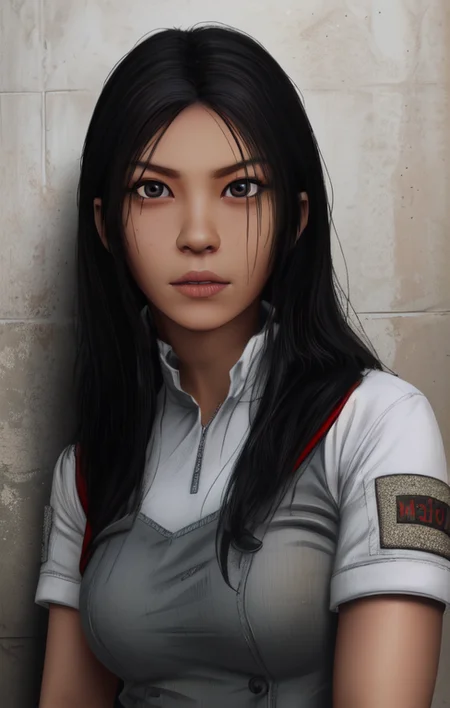Yukiko, black hair, brown eyes,  long hair, 
 looking at viewer, 
white shirt, short sleeves, bandaged arm, 
facing viewer,    serious,  
standing,  upper body,  
white walls,  underground, 
(insanely detailed, beautiful detailed face,beautiful detailed eyes, masterpiece, best quality),
 <lora:Yukiko:0.8>