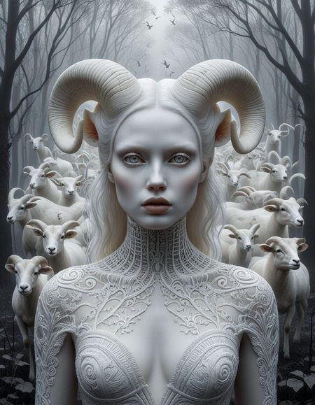 A mesmerizing black and white portrait of an enchanting albino woman with striking ram horns, exuding an air of mystique. The high-contrast monochromatic tones captivate the viewer, while the artistic influences of Mark Brooks, Brad Kunkle, H.R. Giger, and Tom Bagshaw blend seamlessly. A swarm of white moths surrounds the figure, adding to the otherworldly ambiance. The fantastical world in the background fuses realistic and surreal elements, creating a breathtaking cinematic scene. This intricate, 8k illustration pays homage to the beauty and power of the ram goddess in an enigmatic, foggy realm, making it a true dark fantasy masterpiece., illustration, dark fantasy(art monochrome,digital art oil painting,ink,charcoal,double exposure)glass  painting<lora:luxart:1>