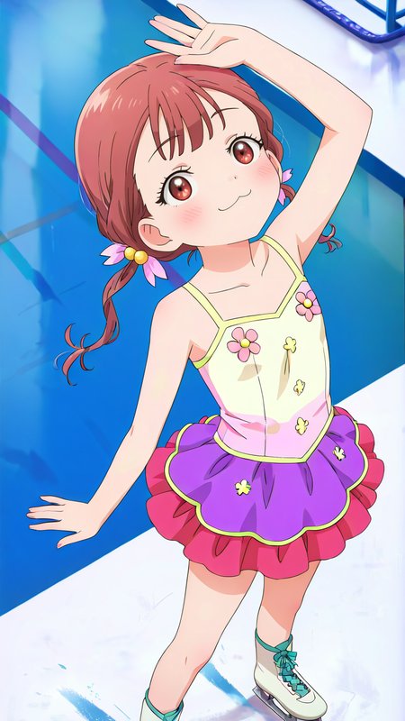 1girl,full_shot,looking_at_viewer,solo,anime screenshot,Kamoto_Suzu,smile,skater skirt,:3,ice skates,skates,arm up,standing,layered skirt,rink,little_girl,face_focus,skirt,looking_up,from_above,<lora:Kamoto_Suzu_Illustrious_v3:1>,bare shoulders,, masterpiece, best quality