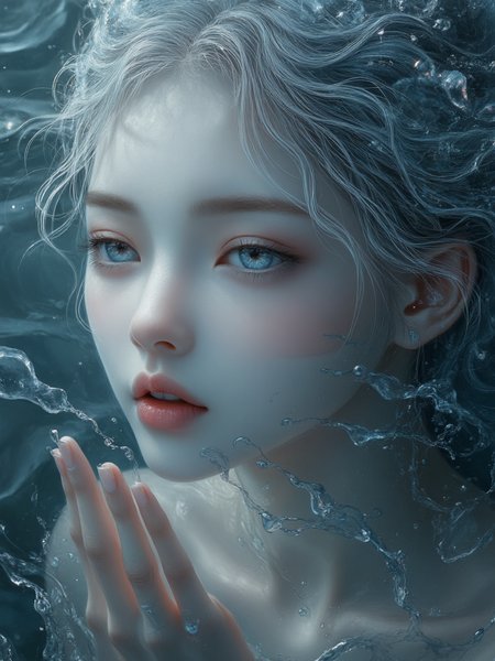 Psychedelic dreams,Psychedelic dreams,1girl,big bright eyes,white hair,realistic,in water,HD 8K,