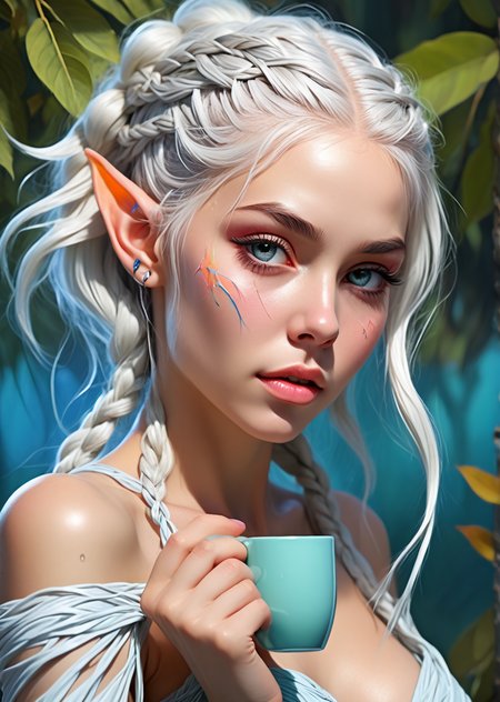 frontal side from above, anime comic style render, euphoric(((woman:1.21): elven, pointed ears, white intricate braided hair, style connecting with nature,):1.21) in posing dynamic position, smooth skin, (prominent coffee mug:1.12), 
Flirtatious grin, Teasingly close, Lip gloss, 
(pui:0.01) steaming mug of coffee, oversized and centered, hand grasping handle, detailed fingers wrapped, 
lip biting expression, anime art style, steam rising, big sculpted 3d sculpture mug, napkin,  wacky colors,(trending:1.22) (masterpiece:1.32), (high image quality:1.08), (RAW:1.11),subsurface tering,(high resolution photograph:1.28),high definition,masterpiece, absurdres, <lora:LCMTurboMix_Euler_A_fix.safetensors:0.96:0.3> <lora:sdxl\Hyper_Realism_Pony_XL.safetensors:0.85:0.18> <lora:sdxl\add-detail-xl.safetensors:0.87:0.10  p15,s20