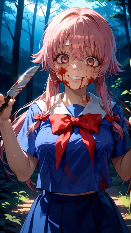 score_9, score_8_up, score_7_up,  score_6_up BREAK 1girl, looking at viewer, cowboy shot, mature female, upper body, close-up, face,
<lora:Yuno_Gasai_Pony_Dwnsty:1>, yuno_gasai, pink eyes, pink hair, long hair, low twintails, sidelocks, red hair bow, yandere, school uniform, blue shirt, serafuku, red bowtie,
medium breasts, light smile, crazy eyes, blood on face, blood on clothes, kitchen knife, hands up, glowing weapon, 
backlighting, horror \(theme\), outdoors, forest, nature, (night), dark theme,