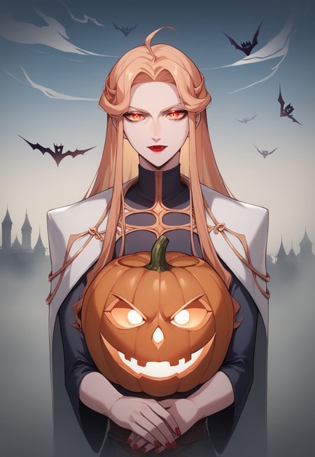 source_anime, R3TR0SC1F1, ((score_9)),score_8_up,score_7_up,score_6_up,score_5_up,score_4_up,<lora:Castlevania_Style_Pony-v1:0.7>, Castlevania_Style, Castlevania Style, 1woman, vampire, halloween, pumpkins, fog, eerie, outdoors, smoke, clouds, 