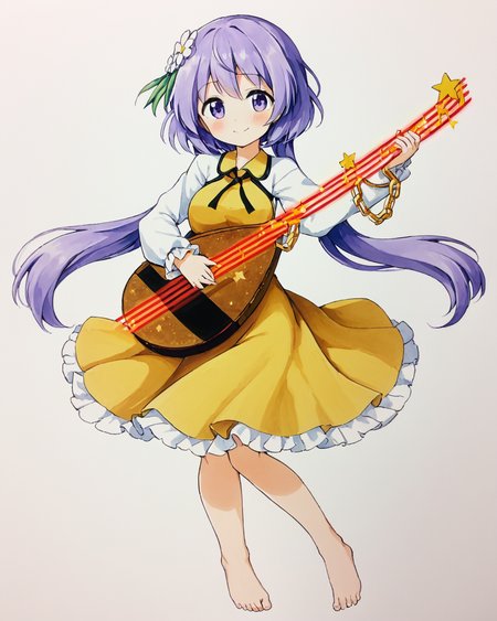 tsukumo benben,1girl, lute_\(instrument\), hair_flower, solo, biwa_lute, long_sleeves, barefoot, smile, white_background, traditional_media, twintails, frilled_dress, simple_background, brown_dress, playing_instrument, closed_mouth, holding_instrument, chain, blush, musical_note, breasts, full_body, looking_at_viewer
<lora:tsukumo_benben_image916_2023-12-20-000015:1>,star-shaped_pupils,symbol-shaped_pupils,. gorgeous,key visual, vibrant, studio anime,award-winning, professional, highly detailed,high budget, cinemascope