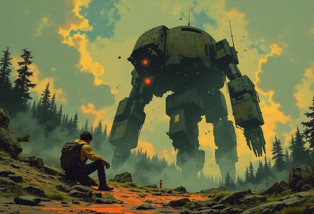 A massive broken down mechanical robot lies across the landscape, its  painted bronze limbs moss covered, a man sits beside it, dwarfed by  its size, an abandoned city in the distance, moody sky, intricate details, forest, matte painting in the style  Luis Duarte, Boris Valejo, 70s sci-fi, whimsical,