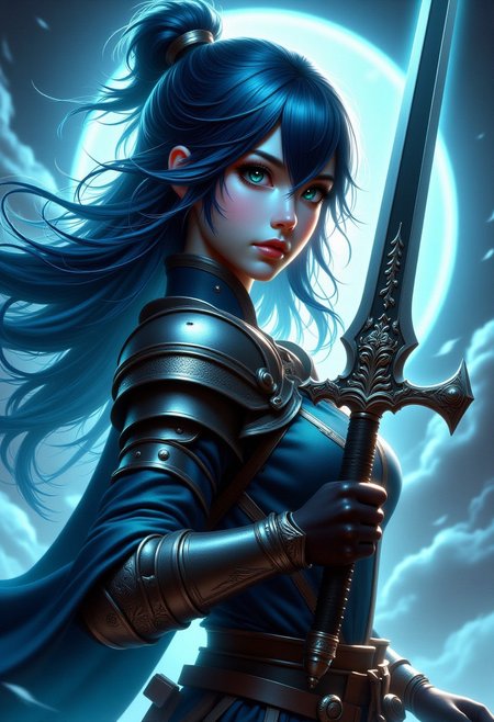 FFAOR, A knight holding her sword, anime, Cyan teal black white, beautiful face, anime, martial arts sword pose, glowing sword