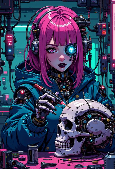 <lora:ck-nc-pastel-cyberpunk:1>, A digital artwork in the style of cknc, A half-body shot of a beautiful cyborg girl in her futuristic workshop. She has neon pink hair cascading down her shoulders, contrasting sharply with her black lipstick. The top of her face, from under the nose to the forehead, is removed like a mask, revealing a detailed mechanical skull underneath. With intense focus, she uses a glowing soldering iron to carefully repair the cracks on a detached skull, which rests in her other hand. Her exposed robotic eye glows a brilliant blue, illuminating the intricate cybernetic components beneath the skull. The workshop is cluttered with futuristic tools, wires, and neon-lit gadgets, all bathed in vibrant cyberpunk hue, electric pinks, deep blues, and fluorescent greens. The neon light reflects off her sleek metallic parts, casting dynamic shadows, while the scene radiates a blend of gritty industrial and high-tech futurism. The art style is highly detailed, in the vein of futurist anime, capturing the beauty of the cyborg girl and the mechanical complexity of her exposed skull.