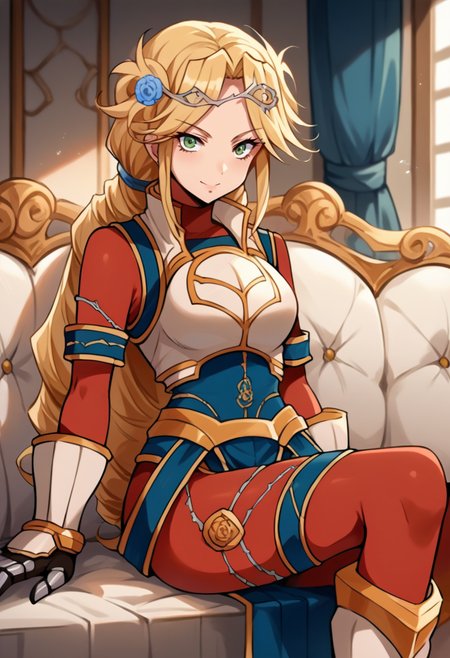 score_9, score_8_up, source_anime, 1girl, solo, LakyusAlveinDaleAindra, long hair, drill hair, ponytail, hair flower, circlet, red bodysuit, blue dress, breastplate, gauntlets, thigh strap, armored boots, indoors, smile, sitting, on sofa, <lora:ChamLakyusAlveinDaleAindraPonyXL:1>