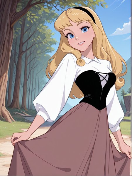 masterpiece, best quality, amazing quality, very aesthetic, absurdres,  newest, detailed background, cowboy shot,  outdoors, dynamic angle,
auroraxd, 1girl, solo, blonde hair, blue eyes, long hair, shirt, long sleeves, corset, skirt, medium breasts, hairband, looking at viewer, smile, 
 <lora:Aurora_-_Disney_Illustrious:1>
