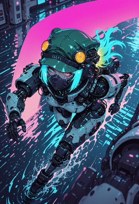 <lora:ck-nc-cyberpunk-IL-000011:0.60>,  masterpiece, best quality, good quality, very aesthetic, absurdres, newest, 8K, depth of field, focused subject, dynamic angle, side view, from above, action shot, wabi sabi android woman, rainbow hair, glowing hair, cute simplistic green frog hat that reads "Lilly" on the brim, white ceramic armor, close up face, detailed eyes,  looking at viewer, clean visible face, clean white rectangular ceramic material and mechanical parts, their face mask is open, one eye has mechanical enhancements, servos, wires, exposed circuits, skin, lillypads, action scene, running across water, bioluminescent lillypads,, Sci-fi anime movie (style by George Shaw),shallow depth of field, vignette, (Fujicolor Superia X-TRA 400) , (bioluminecent glow:0.8),
in the style of cknc,
<lora:MoriiMee_Gothic_Niji_Style_Illustrious_r1:0.5>
<lora:ck-neon-retrowave-IL:0.85>
<lora:ck-shadow-circuit-IL:0.35>