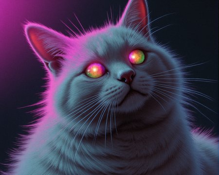 **Subject/Character:**  
A detailed, close-up depiction of a cat's face, rendered with meticulous detail. the eyes are surreal and exaggerated and have taken place for a MESMERIZING OPTICAL ILLUSION they are now a kaleidoscopic explosion of vibrant colors, blending neon pinks, electric blues, glowing greens, radiant yellows, in an infinite swirl of trippy patterns. creating a dizzying effect that stretches into infinity. pulsating, trippy, pulsing. eyes that pulse with psychedelic energy. The fur is long rich and textured, featuring warm shades of white, and black with subtle highlights. The cat's expression is focused and intense, evoking an eerie sense of power and mystery. Whiskers radiate outward, adding lifelike detail to the scene.

**Background:**  
A minimal and dark background, fading into shadowy, muted tones to create contrast with the vibrant details of the cat's face. The lack of background elements enhances the focus on the glowing eyes and the surreal reflections within them. The darkness surrounds the subject, adding a sense of depth and dramatic tension to the image.

**Style:**  
The art style is hyper-realistic, emphasizing fine details such as the texture of the fur, the eyes are surreal and exaggerated and have taken place for a MESMERIZING OPTICAL ILLUSION they are now a kaleidoscopic explosion of vibrant colors, blending neon pinks, electric blues, glowing greens, radiant yellows, in an infinite swirl of trippy patterns. creating a dizzying effect that stretches into infinity. pulsating, trippy, pulsing. eyes that pulse with psychedelic energy. and the interplay of light and shadow. The mood is haunting and dramatic, combining realism with a surreal, almost apocalyptic atmosphere. and deep blacks for the background, creating a captivating, high-contrast composition.


MESMERIZING OPTICAL ILLUSION, Anaglyph3D, ArsMovieStill, 80s Fantasy Movie Still, in the style of Jed4ni, FaeTastic, ethereal