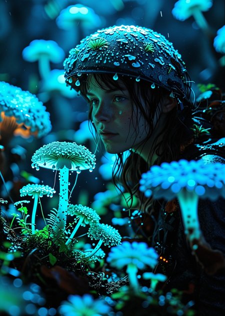 (photorealistic:1.3), masterpiece, 8k uhd, cinematic shot of a lone botanist-explorer standing in a dark, ancient cave. The explorer is wearing a practical, slightly worn high-tech suit. (The only light source is the ethereal, soft blue and green glow from strange, bioluminescent plants and giant mushrooms surrounding her:1.5). Water droplets on her helmet visor catch the faint light. Medium long shot, showing the character from the knees up,
 <lora:Mushroom_Portrait_Flux_v1:1> ,boshroomworld