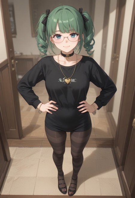 score_9, score_8_up, score_7_up (((beautiful, high quality))) female, Expressiveh <lora:Expressive_H:1> (masterpiece:0.7) (best quality:1.1) 1girl, solo <lora:seesaw_Pony_v1:0.8> from above, full body.
<lora:receptionis001:0.7>,<lora:add_detail:0.5>,<lora:noline:0.3>,<lora:boldline:-0.3> green hair, short hair (eyewear:1.1) blue eyes.
1solo Milf full body standing straight symmetrical, looking at viewer, hands on hips, twin drills twin tails, striped pantyhose, golden handcuffs on their hands with a black leather collar around the golden heart necklace, hands on hips, lustful smirking smile face red blushed.
