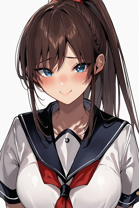 score_9, score_8_up, score_7_up, source_anime, rating_questionable
1girl, solo, portrait
looking at viewer, blush, shy smile
long hair, bangs, high ponytail, sidelocks
large breasts
simple background
seifuku, school uniform, midriff, short sleeves, white shirt
brown hair, blue eyes
<lora:Kakao-Style:0.9>