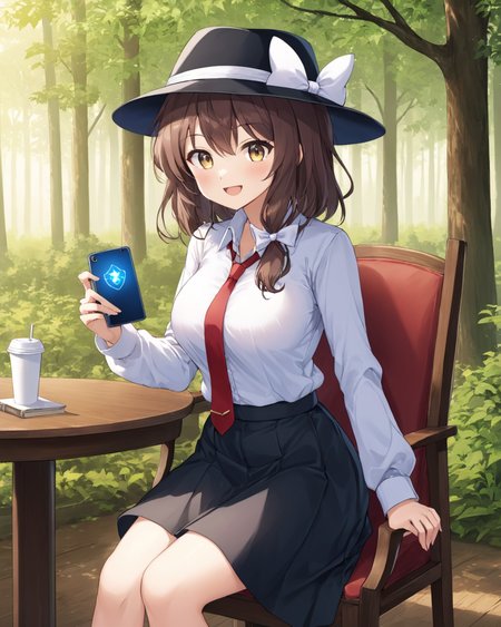 usami renko,1girl, red_necktie, solo, white_shirt, open_mouth, sitting, fedora, holding_phone, black_skirt, long_sleeves, collared_shirt, black_headwear, holding_cup, white_bow, chair, table, book, tree, smartphone, smile, hair_bow, hat_bow, forest, ribbon, indoors, breasts, upper_teeth_only, tie_clip, disposable_cup
<lora:usami_renko_image1360_2023-12-20-000010:1>,star-shaped_pupils,symbol-shaped_pupils,. gorgeous,key visual, vibrant, studio anime,award-winning, professional, highly detailed,high budget, cinemascope