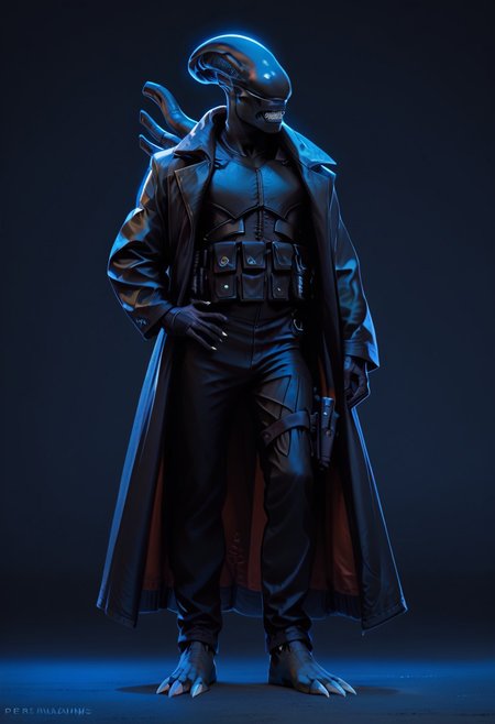 score_9, score_8_up, score_7_up, score_6_up, detailed, hi_res, detailed, colorful, realistic, high quality, score_9, score_8_up, score_7_up, score_6_up, muscular male xenomorph. leather, long coat, black coat, trench coat, (bulletproof vest:1.5), black pants, holster with gun on hip, deagle in hand black gloves, black body, ((deagle in hand)), digitegrate legs, barefoot, teeth, silver claws
BREAK
dark menacing town in background, night