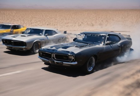Create an ultra-detailed and realistic image of a race between 2 custom cars, created with parts from many muscle cars, with aerodynamic lines from 1972. The cars have tinted black windows. It is captured in motion with motion blur at full speed through a desert, daylight. Race between 2 cars. The photograph is captured with an Arri Alexa camera, with a zoom lens. <lora:Vintage Muscle Car SDXL:1>