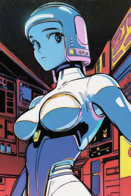 2d artwork, line artwork, comic aesthetics, (upper body:1.5), gorgeous space woman, looking at viewer, surreal, breathtaking high-tech hardware background, line noise, ancient, retrofuturism, old comic paper, minimalism,