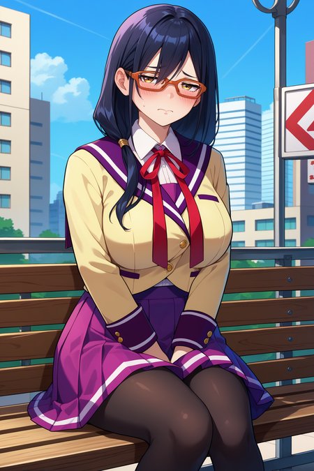 score_9, score_8_up, score_7_up, score_6_up, source_anime, 1girl, solo, <lora:kouenjimiko-pdxl-nvwls-v1-000006:1> kouenjim, black hair, hair over shoulder, long hair, glasses, red-framed eyewear, large breasts, yellow blazer, purple sailor collar, collared shirt, neck ribbon, purple skirt, black pantyhose, sitting, blush, half-closed eyes, embarrassed, bench, blue sky, city