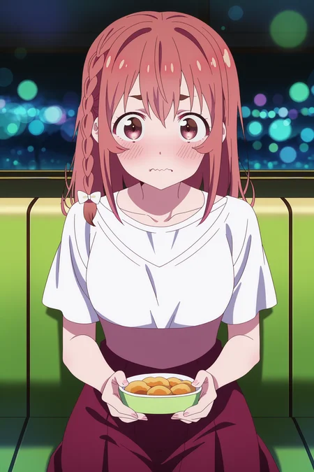 anime screencap, anime coloring, detailed face, masterpiece, best quality, very aesthetic, absurdres, bokeh, volumetric lighting, official style, amazing quality, ultra detailed,  highres, amazing quality, scenery, beautiful detailed hair, beautiful detailed eyes, defined fingers, five fingers,
 <lora:Sumi_Sakurasawa_Rent-A-GirlfriendKanojo_Okarishimasu:1>
inside, in a restaurant,
Sumi Sakurasawa (character), 1girl, food, blush, wavy mouth, braid, looking at viewer, solo, red hair, shirt, holding, white shirt, closed mouth, red eyes, holding food, sitting, cowboy shot, POV